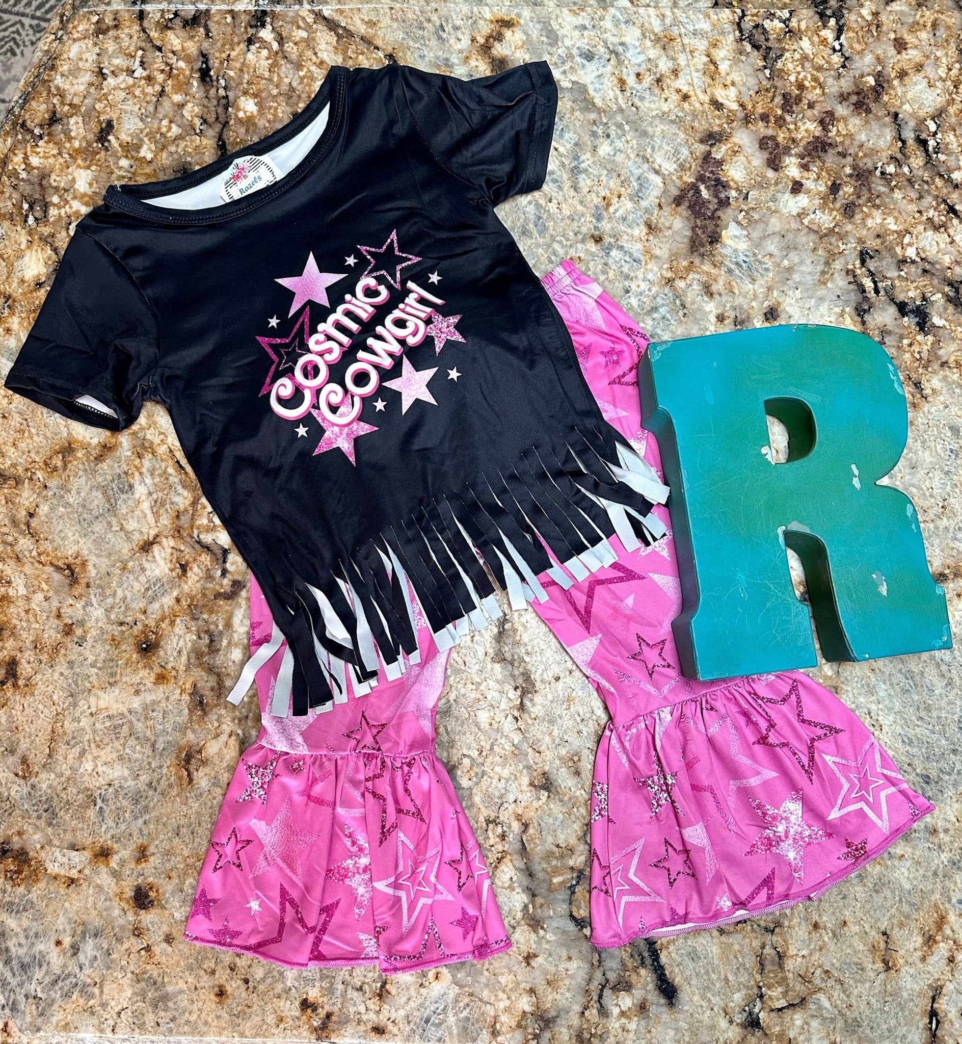 Cosmic Cowgirl Bell Bottom Outfit, Pink Stars T-SHIRT and Flares - Razels