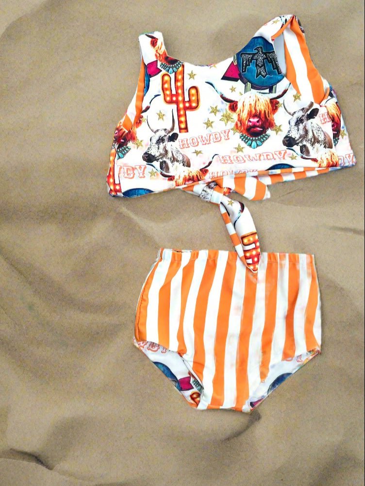 COW GIRL Swimsuit, Western Swimsuits, Striped Swimsuit, Highland Cow REVERSIBLE Swimsuit, Longhorn Cow Bikini - Razels