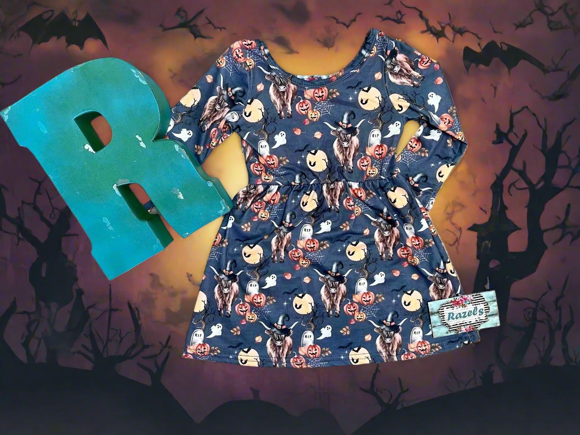 Highland Cow HALLOWEEN Dress: Western long-sleeve dress for girls featuring Highland cows in witches hats, bats, RIP graves stones, pumpkins, the full moon, spiderwebs, and more. Perfect all Fall.