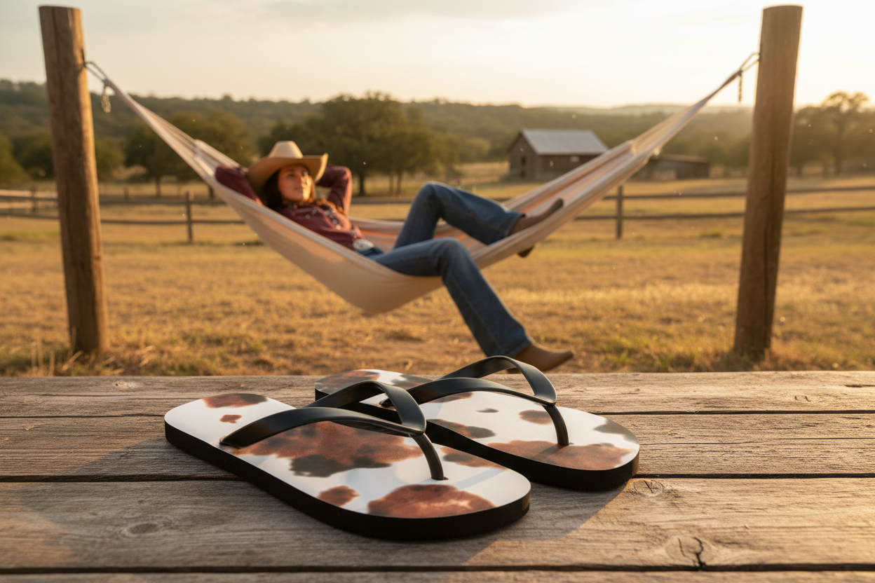 Cow Print Flip Flops – Brindle Cowhide Cowgirl Sandals, Summer Vacation Shoes, Western Print Flipflops for Beach, Pool, or Rodeo Trips