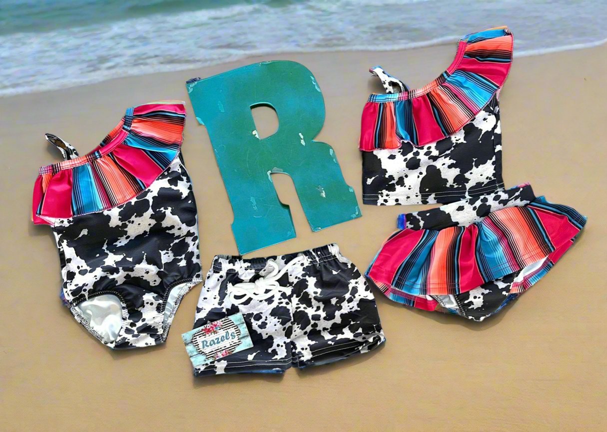 Cow Print Swimsuit Matching Swimwear WESTERN cowboy cowgirl swimsuits Cow print and Serape Swim Trunks Girls 1 piece and Tankini - Razels