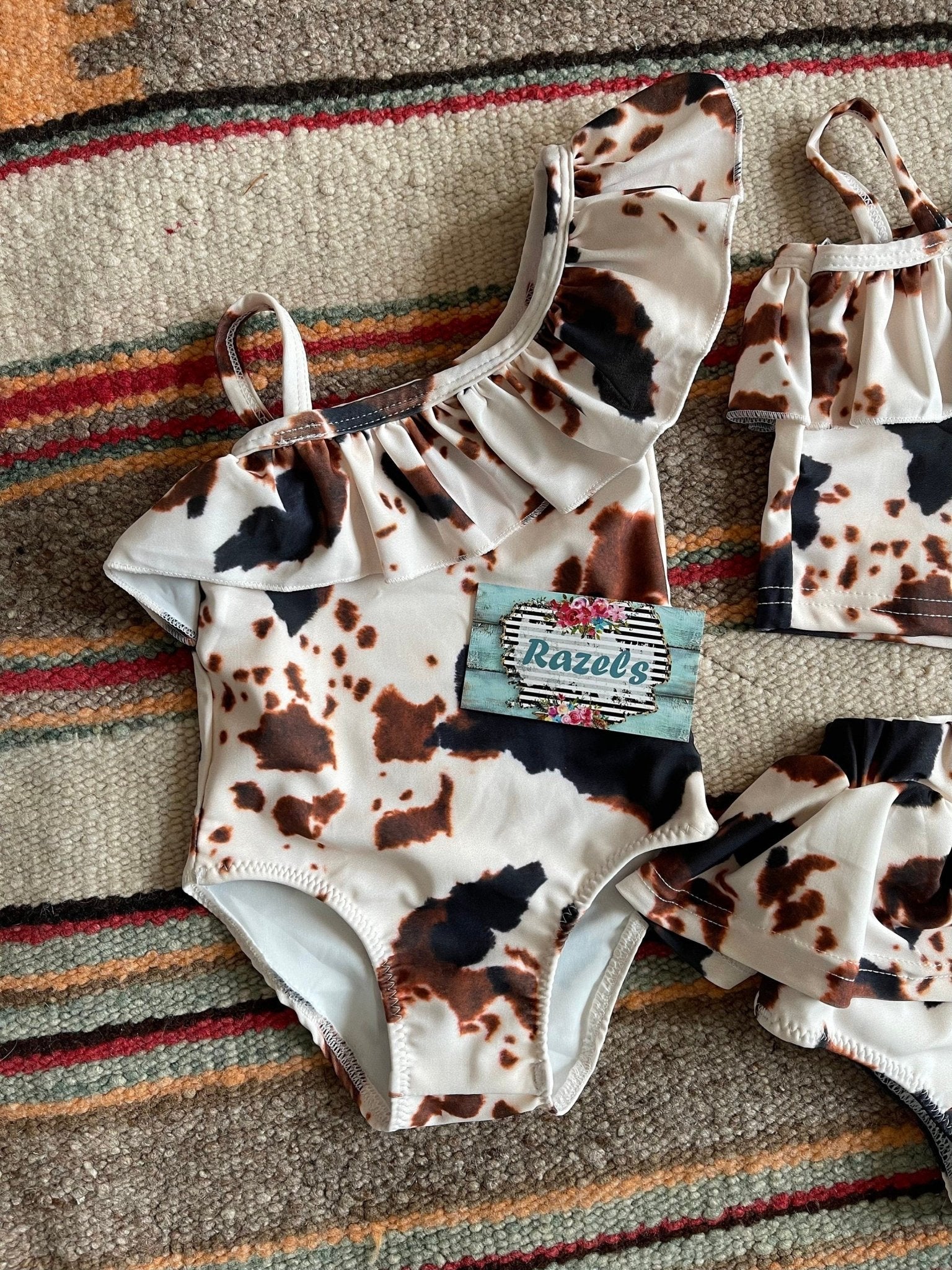 COW print Swimsuits | Matching Sibling Swimwear | WESTERN BABY Cowhide Tankini | Boys Brown Cow Shorts - Razels