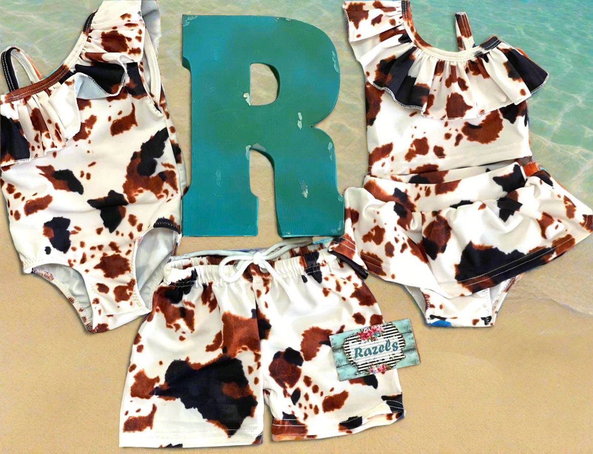 COW print Swimsuits Matching Swimsuits for Kids Cow Print Swimwear WESTERN BABY Cowhide Tankini Boys Cow print Shorts - Razels