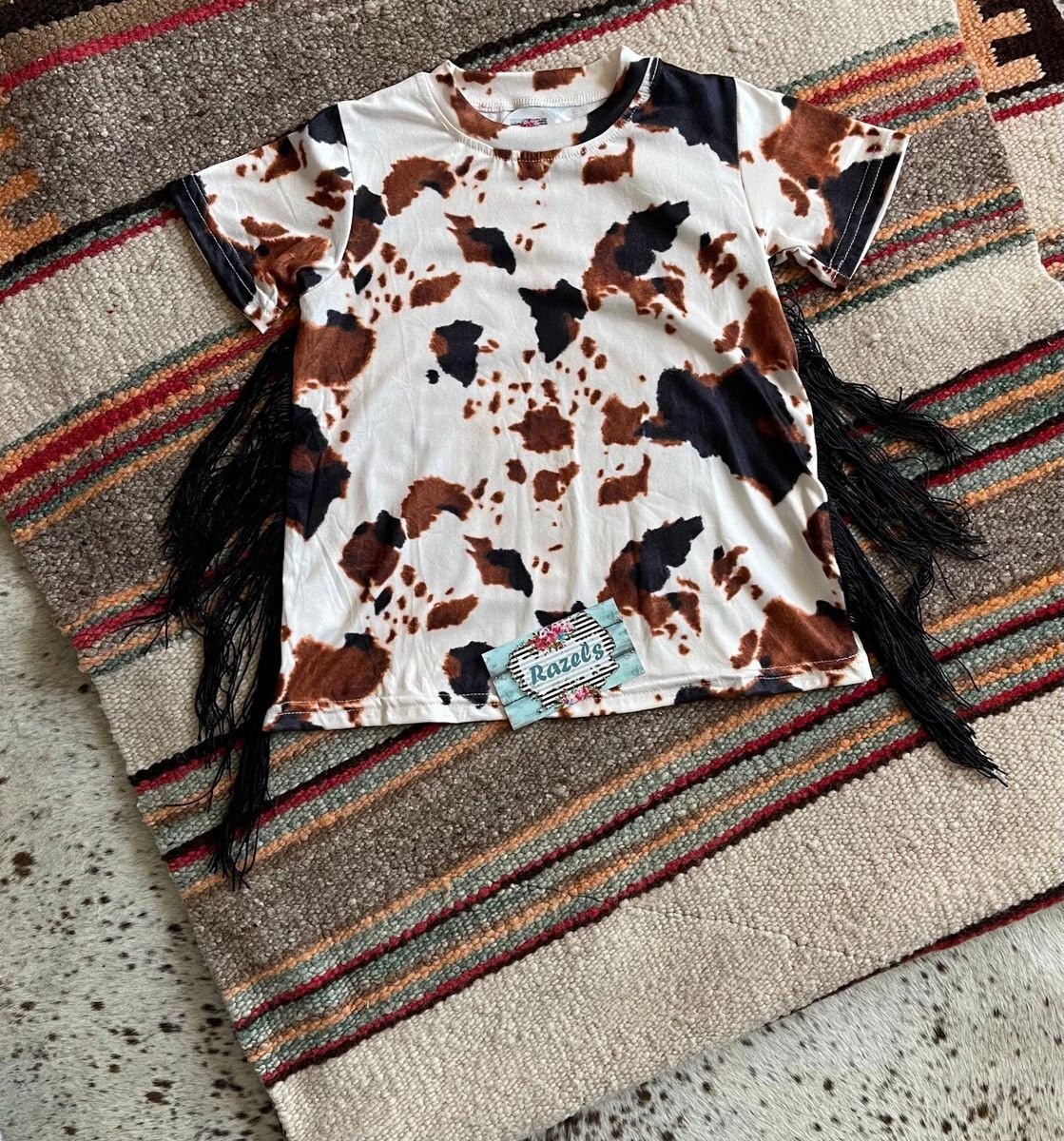 COW PRINT T-shirt Twirl Dress | Girls Horse Fringe Dress | BOHO Horse Tunic - Razels