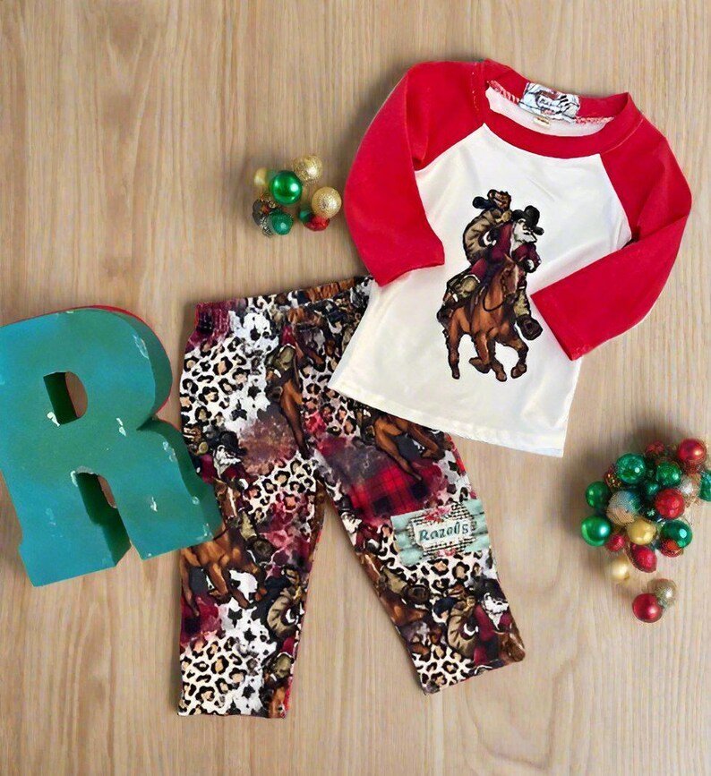 Cowboy Santa Claus CHRISTMAS Pajamas | Giddy Up JINGLE Horse, Santa Pajamas, Matching FAMILY Western Christmas - Razels