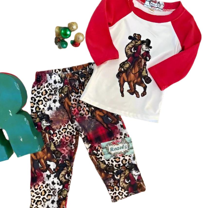 Cowboy Santa Claus CHRISTMAS Pajamas | Giddy Up JINGLE Horse, Santa Pajamas, Matching FAMILY Western Christmas - Razels