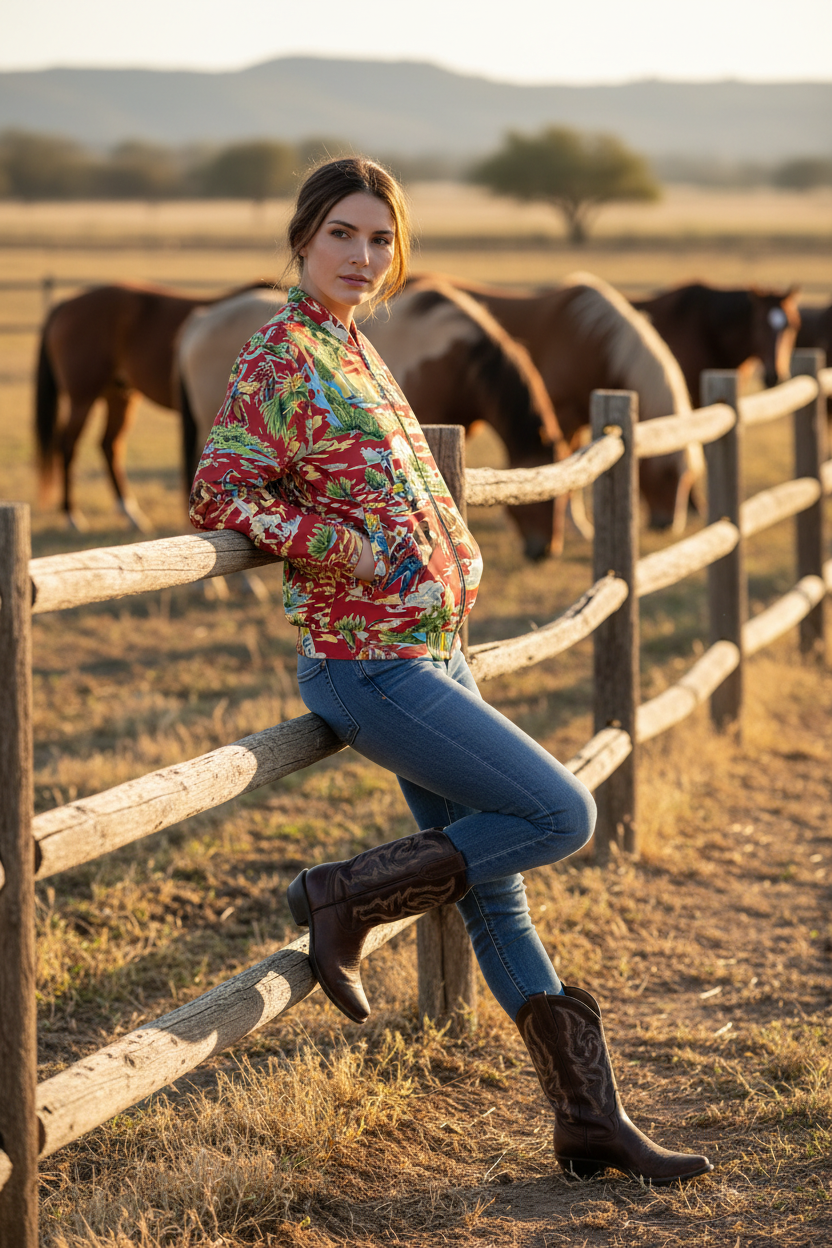 woman wearing Colorful jacket with cowboy and desert landscape leaning on fence with horses