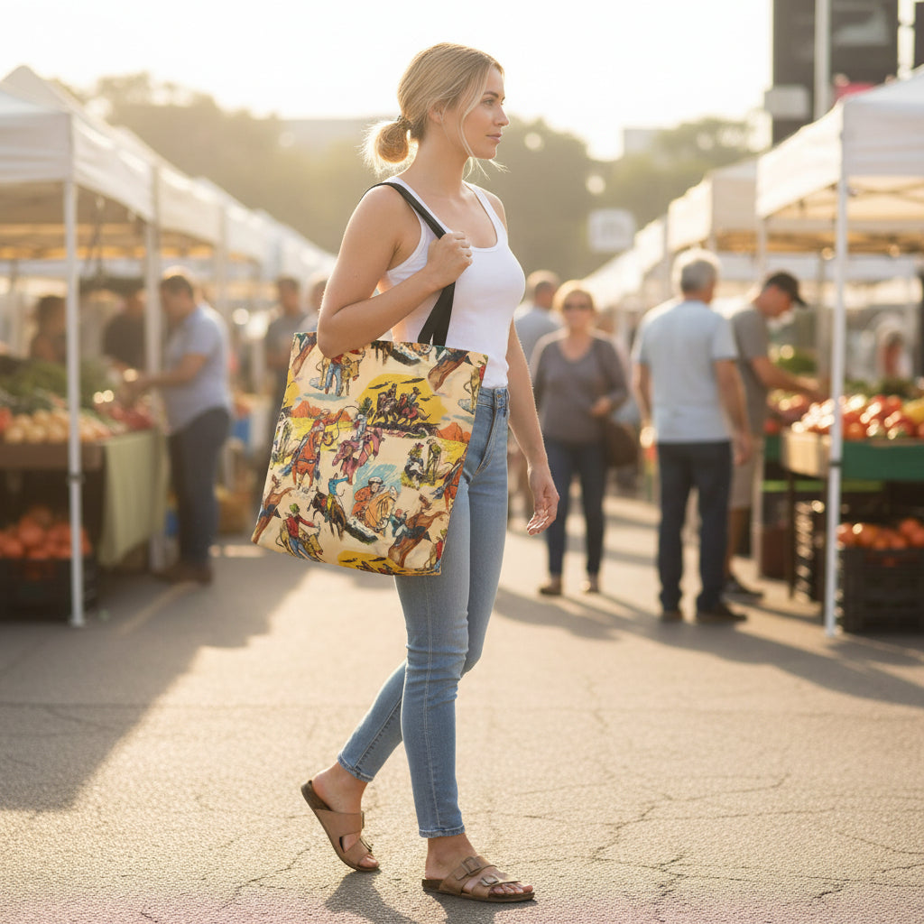 woman at market carrying a Tote bag with vintage western scene design 