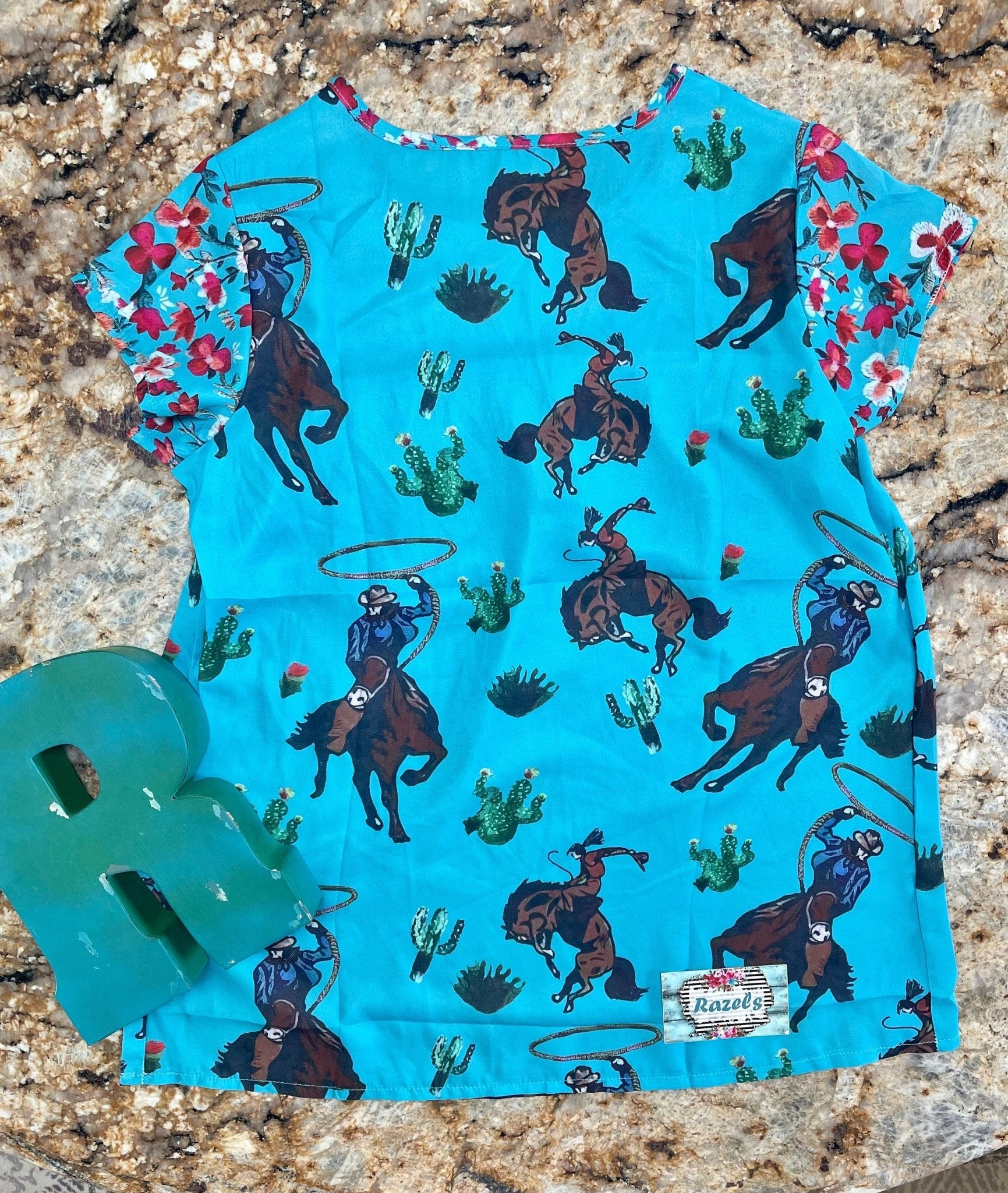 Cowgirl Blouse, Western Woman Turquoise and Floral Top - Razels