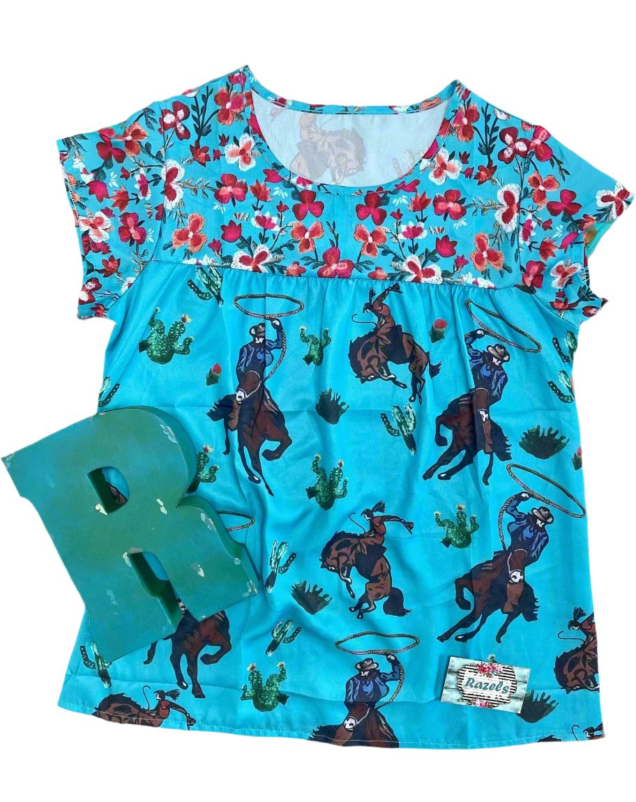 Cowgirl Blouse, Western Woman Turquoise and Floral Top - Razels