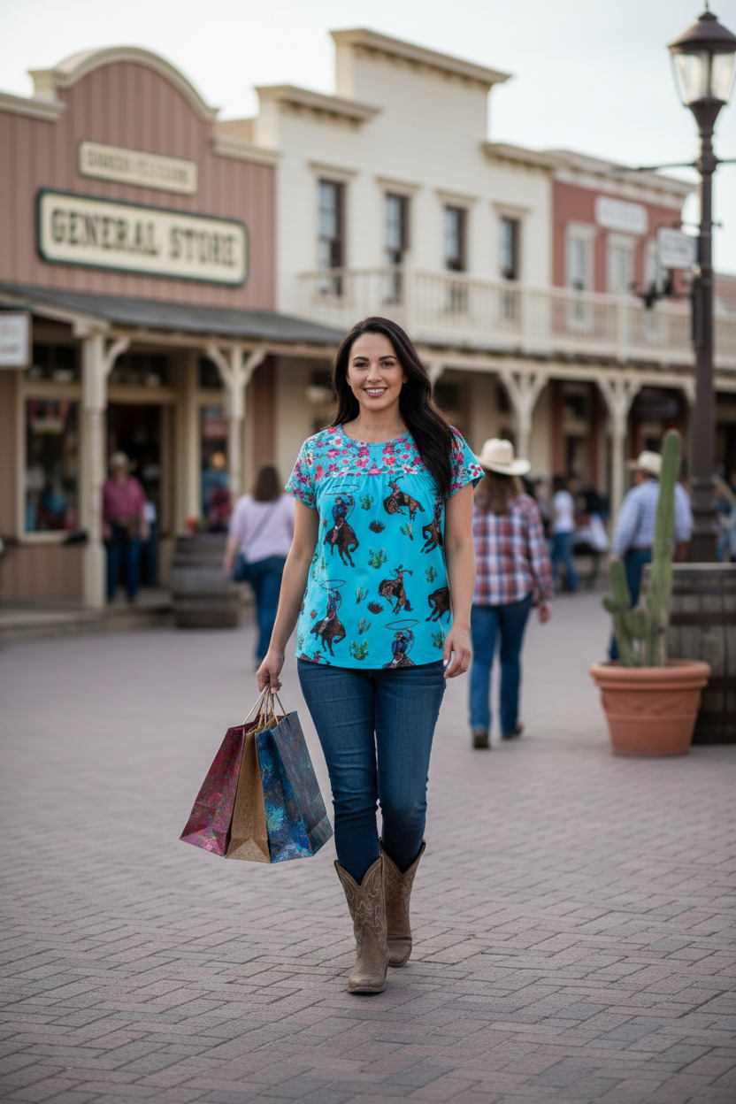 Cowgirl Blouse – Turquoise & Floral Western Top
✨ Exclusive at Razels.net – Once it’s gone, it’s gone!

🌼 Meet your new favorite blouse! This turquoise beauty brings bold western flair with its bright floral print and flattering feminine cut. Perfect for dressing up denim, layering under a shacket, or stealing the show at rodeo nights.

✓ Vibrant turquoise with eye-catching florals
✓ Lightweight + comfy polyester blend
✓ Relaxed western silhouette for easy wear
✓ Sizes Small–XL (limited stock!)

Measuremen