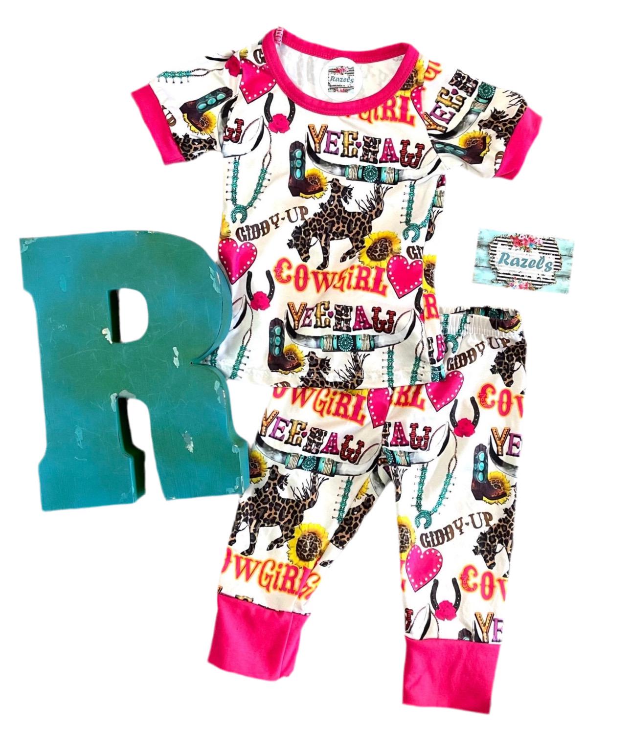 Cowgirl Pajamas / GIDDY UP Yeehaw Pajamas, Pink Hearts and Cowgirls - Razels