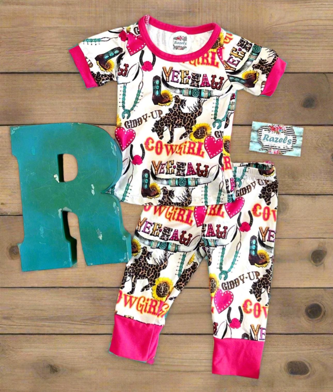 Cowgirl Pajamas / GIDDY UP Yeehaw Pajamas, Pink Hearts and Cowgirls - Razels