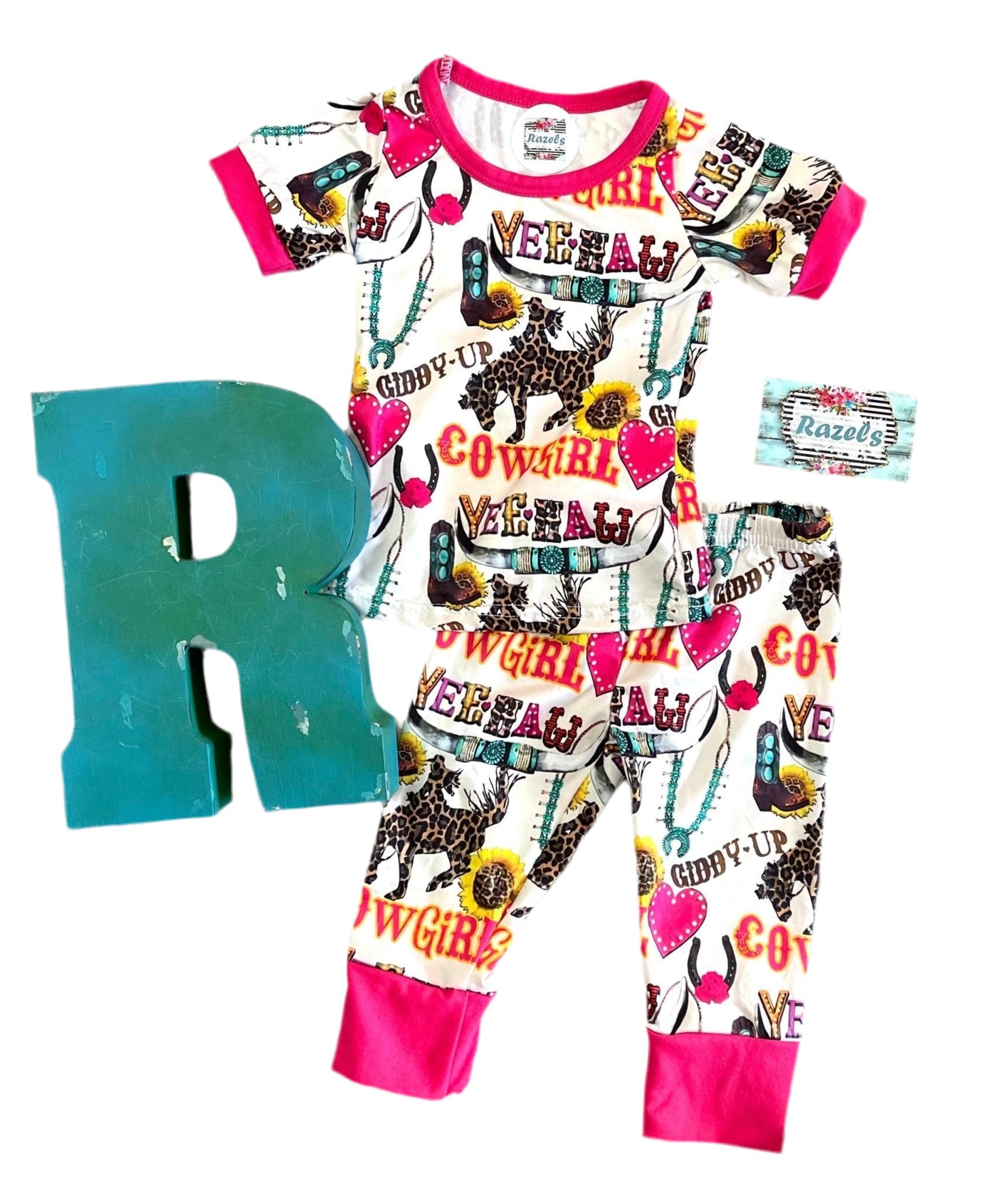 Cowgirl Pajamas Girls Western Pajamas GIDDY UP Yeehaw Pajamas Pink Hearts and Cowgirls Lounge Pants and Tshirt Sweetheart of the Rodeo PJs - Razels