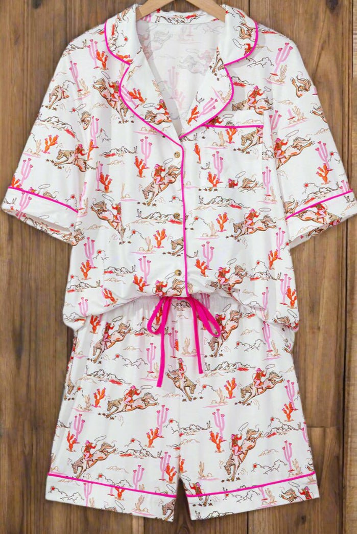 Cowgirl Pajamas, Western Pajama Set, Pink Cowgirl Pajama Short Set, Summer Cowgirl, Summer Pajama Set - Razels