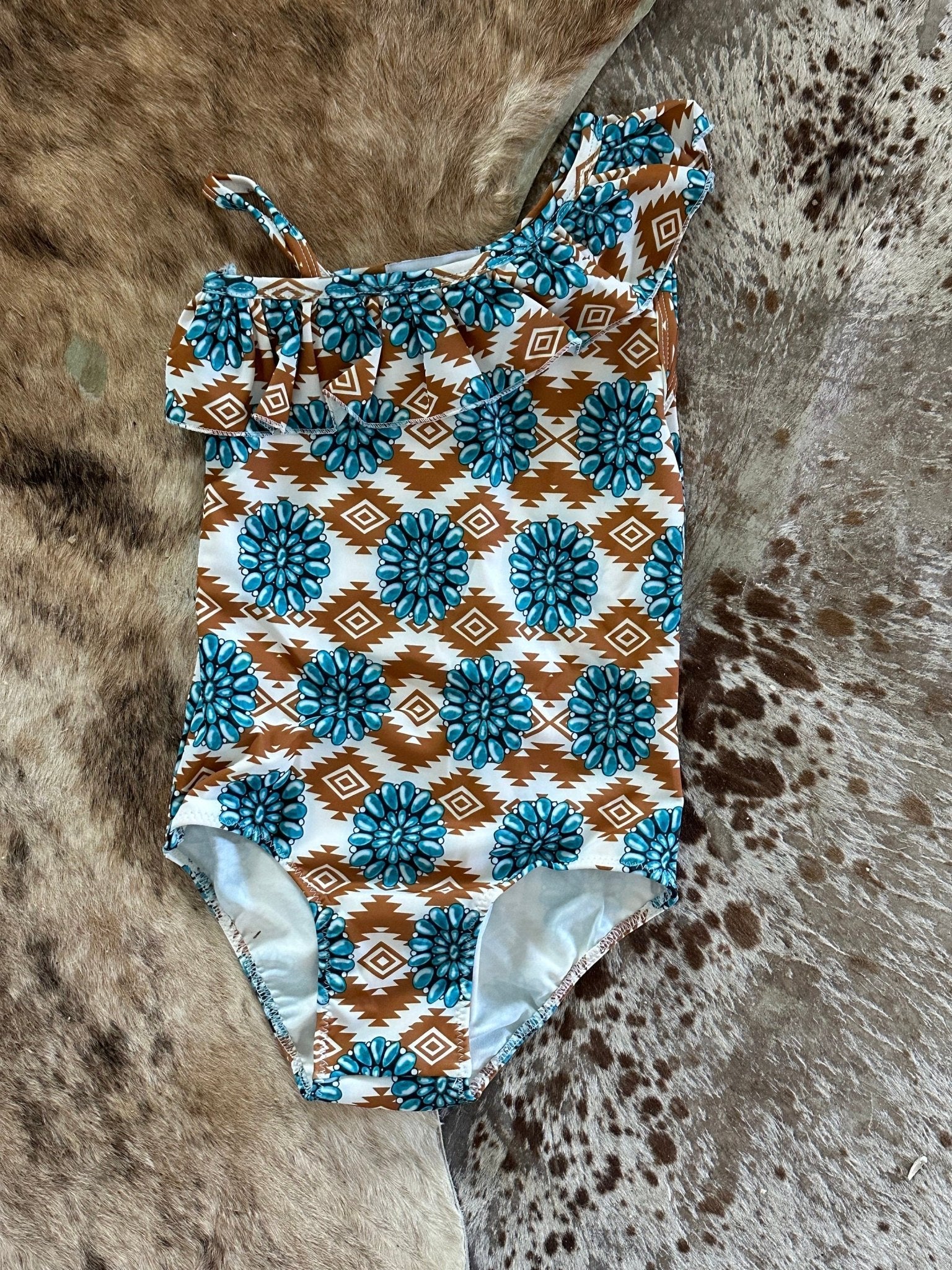 Cowgirl Swimsuit Turquoise Concho Aztec Swimsuit Girls SOUTHWESTERN Squash blossom Ruffle Swimsuit Turquoise Conchos - Razels