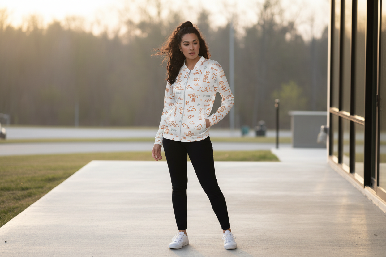Woman wearing a white and beige motif patterned bomber jacket and black leggings standing outside