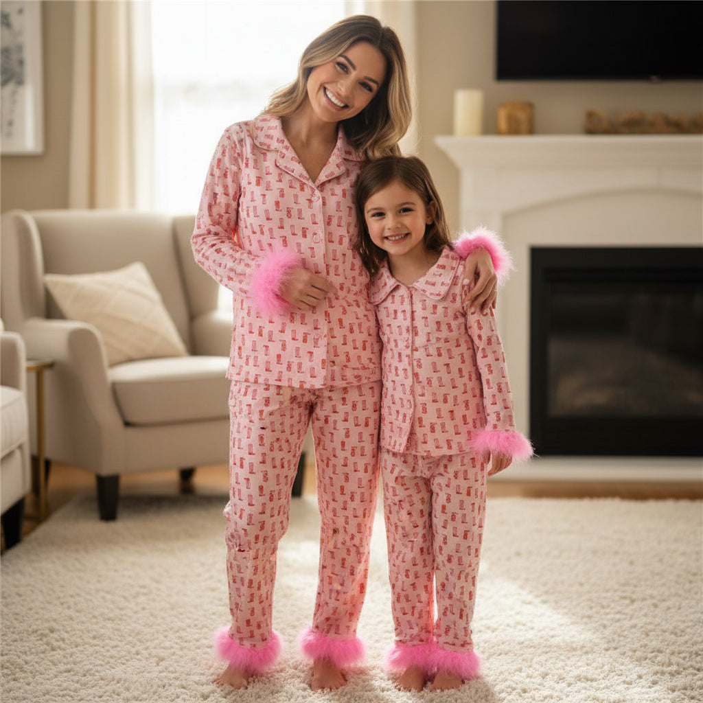 cowgirl boot feather trim pajamas for mom and duaghter