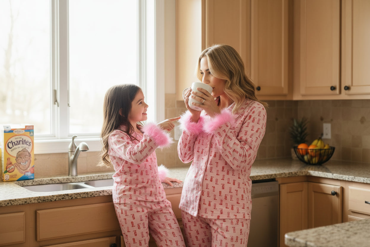 cowgirl boot feather trim pajamas for mom and duaghter