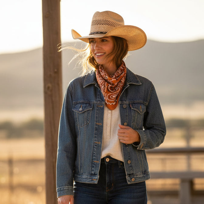 Elevate your style with this vintage-inspired paisley scarf, with a luxuriously soft feel. Measuring 35X35", this large square Wild Rag scarf offers endless styling possibilities, adding a touch of Western flair to any outfit.