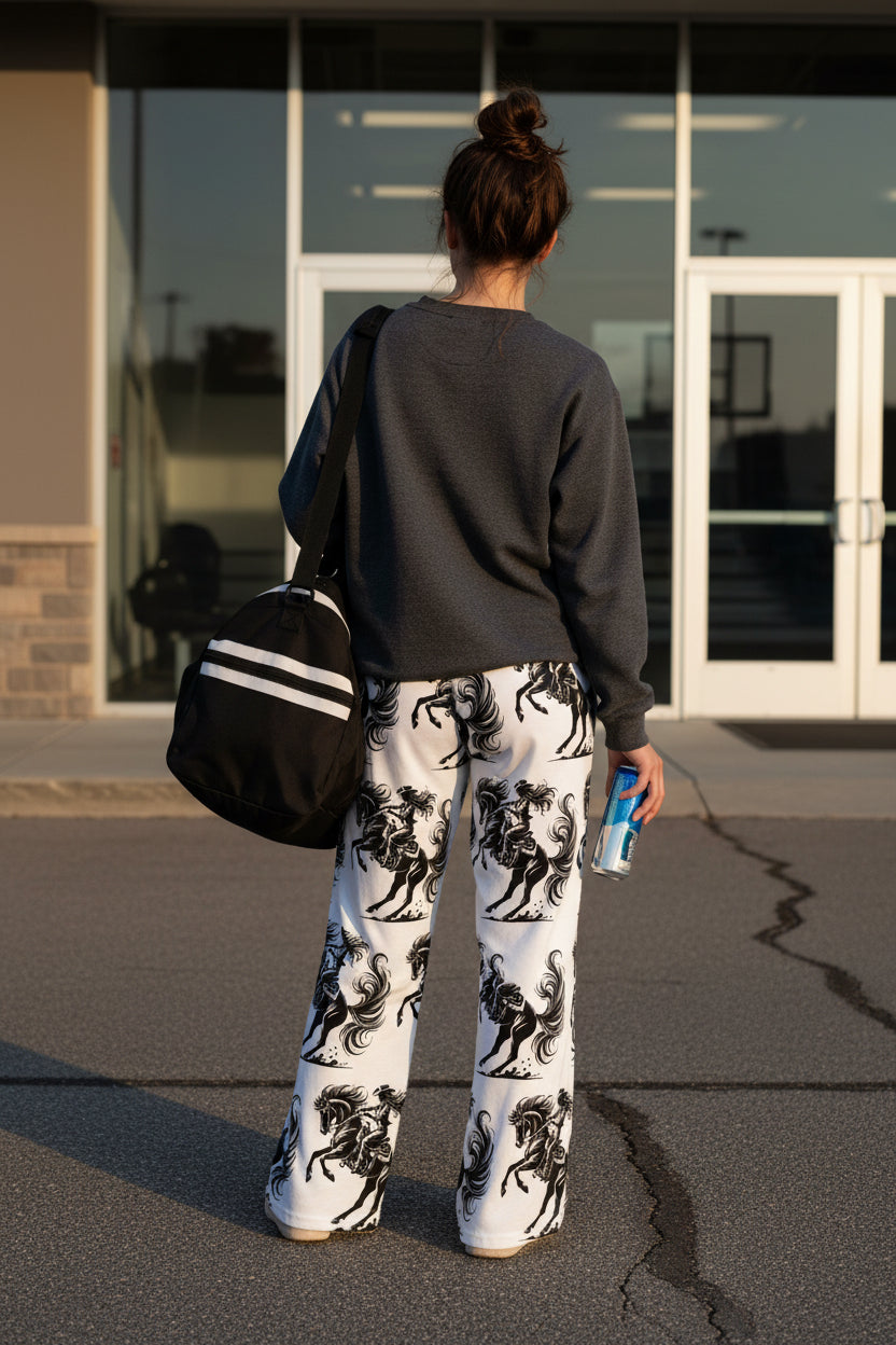 female headed to basketball practice wearing cowgirl pajama pants, black and white western loungewear