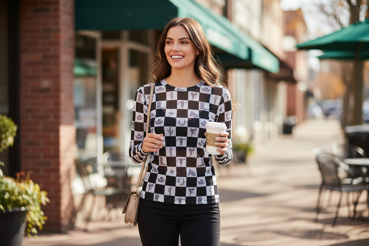 woman running errands while wearing cowgirl see through top