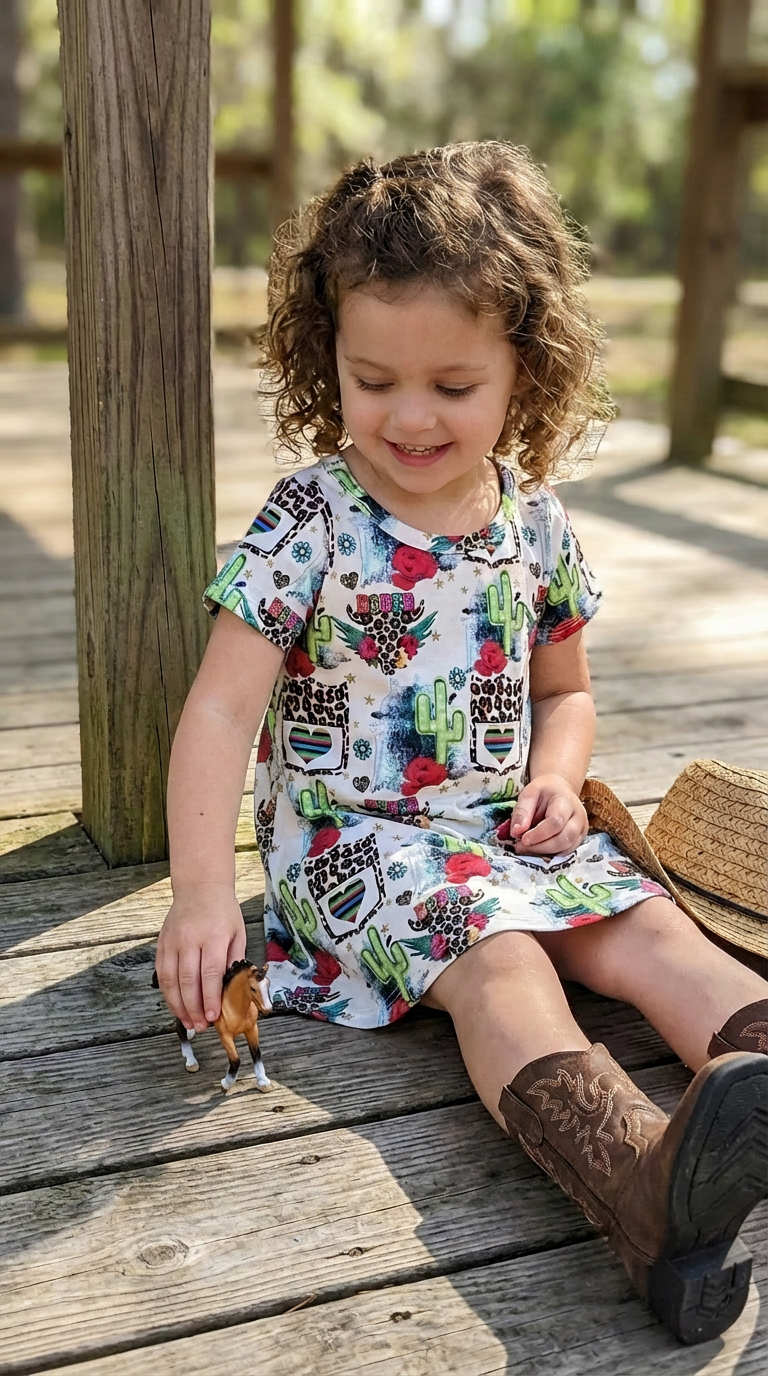 Child sitting on a wooden deck wearing a colorful dress with a western designs