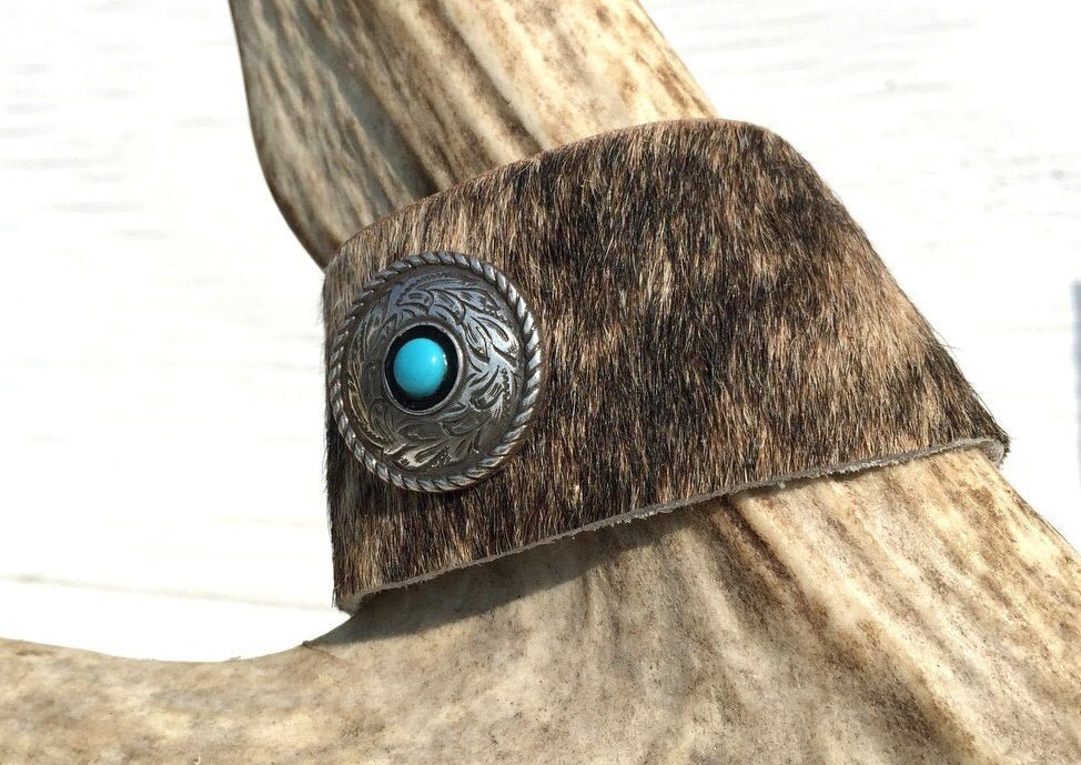 Cowhide Cuff Bracelet, Leather Hair on Hide Cuff Bracelet, Turquoise Silver Concho Cowgirl Cuff - Razels