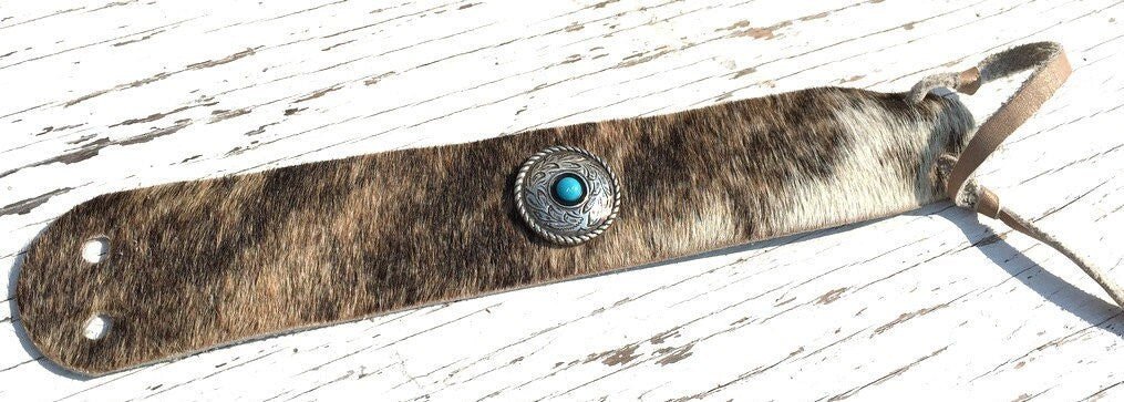 Cowhide Cuff Bracelet, Leather Hair on Hide Cuff Bracelet, Turquoise Silver Concho Cowgirl Cuff - Razels