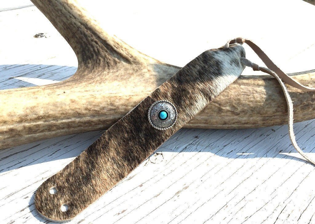 Cowhide Cuff Bracelet, Leather Hair on Hide Cuff Bracelet, Turquoise Silver Concho Cowgirl Cuff - Razels