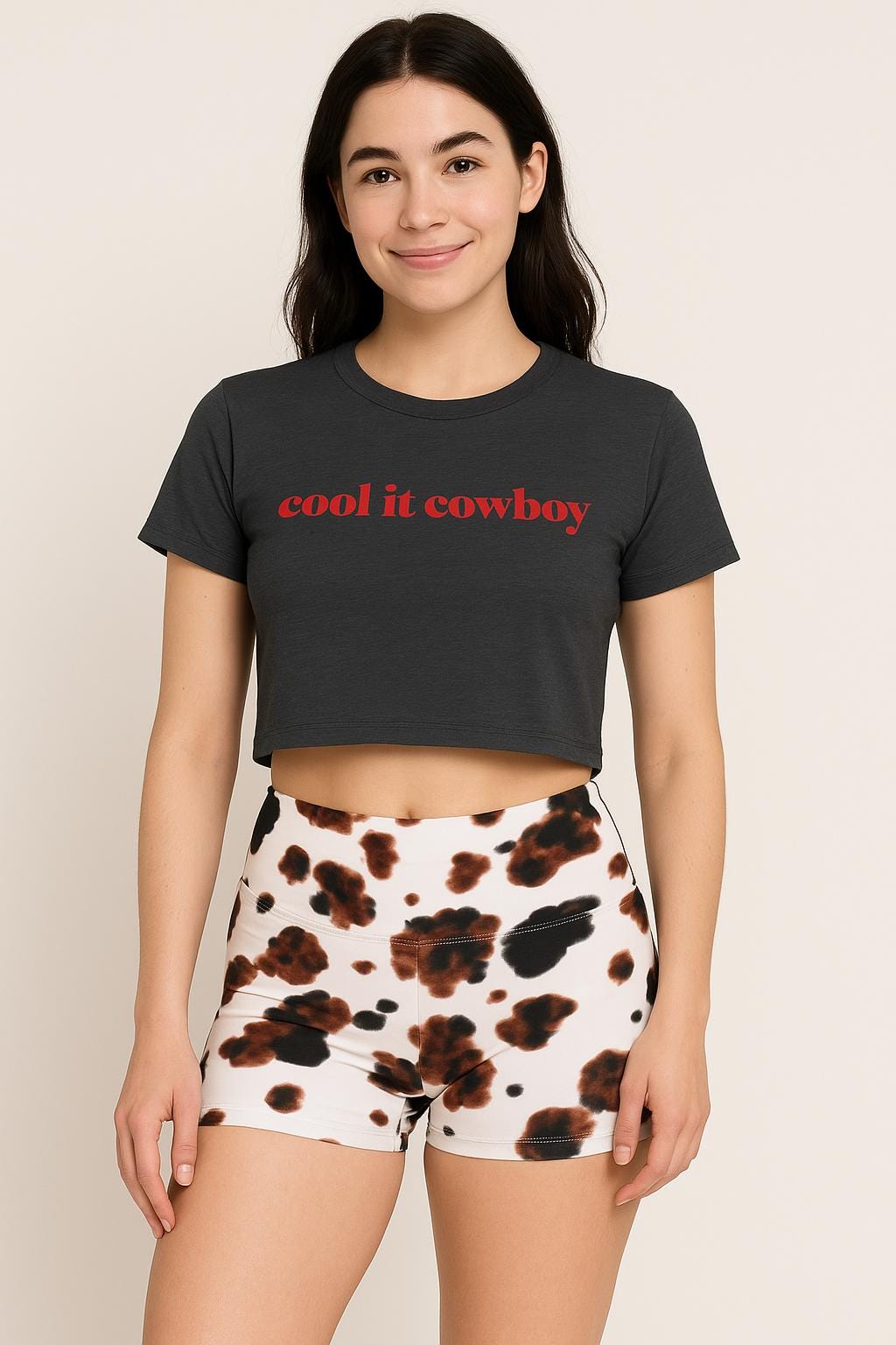 Brown Cow Print Booty Shorts | Womens Western Summer Active Lounge Shorts -Razels