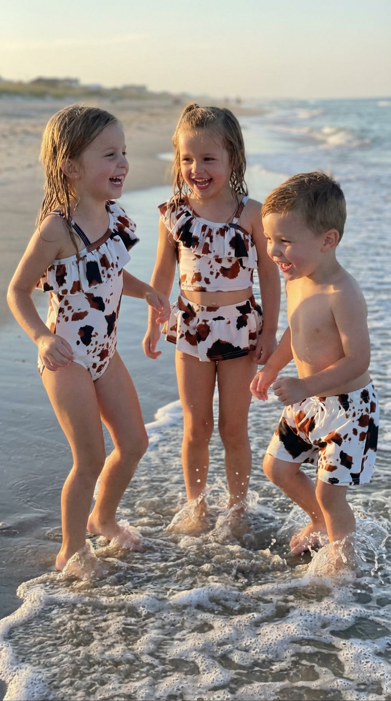Three children in cow print swimsuits standing in shallow water on a beach.