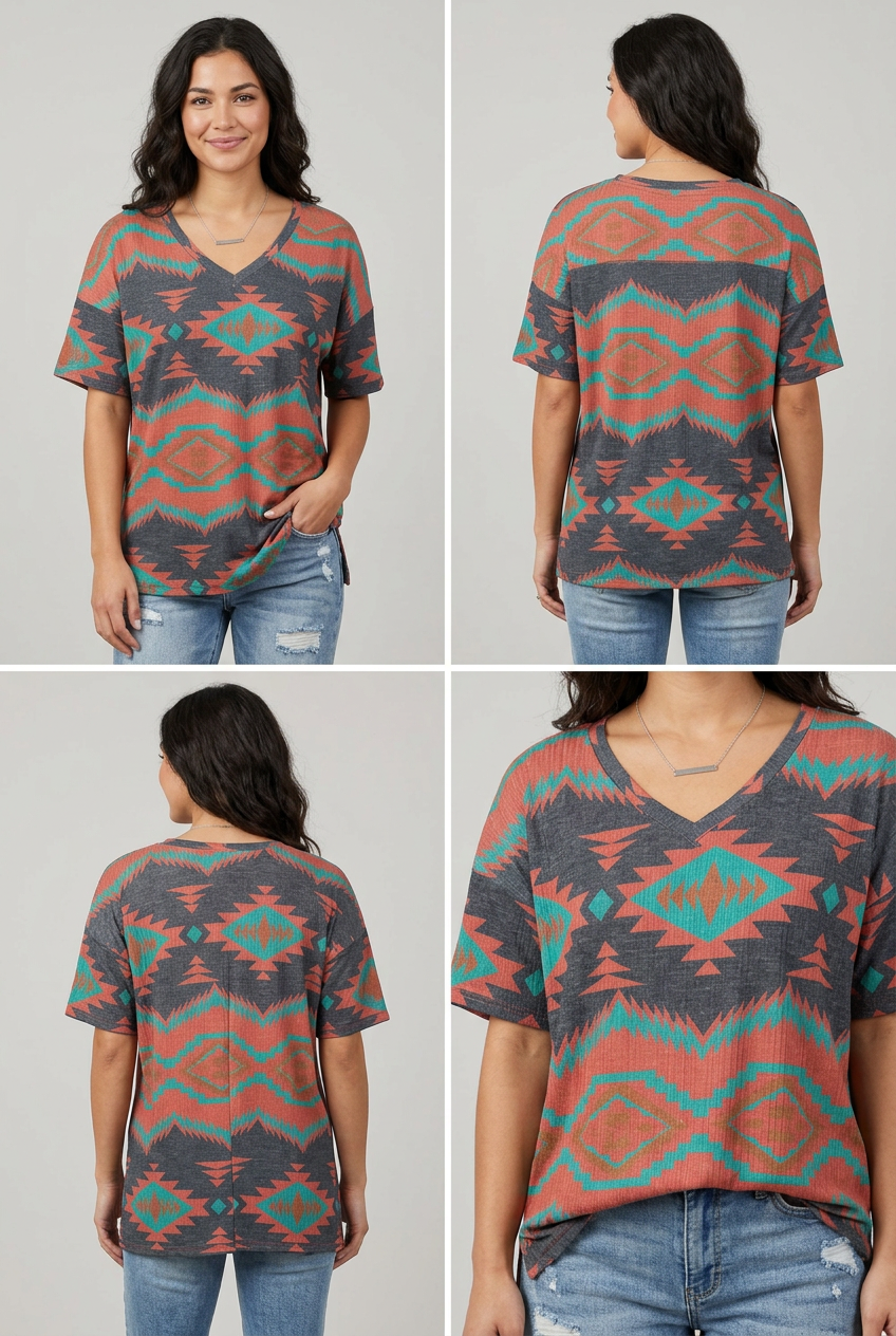 collage of woman wearing crazy train western tunic tshirt. shirt is brown grey and turquoise southwestern patterns