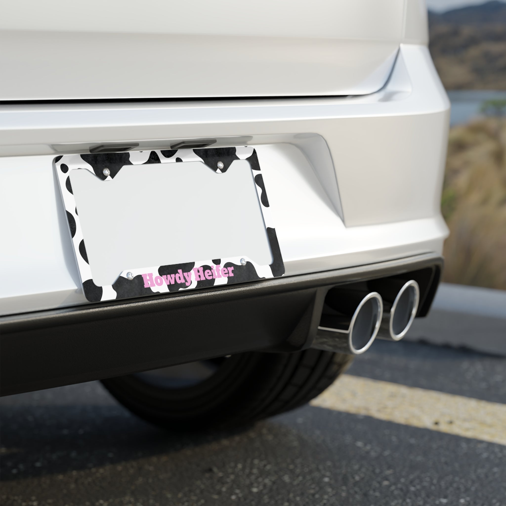 Car license plate with cow print design and 'Howdy Fellow' text on a blurred background