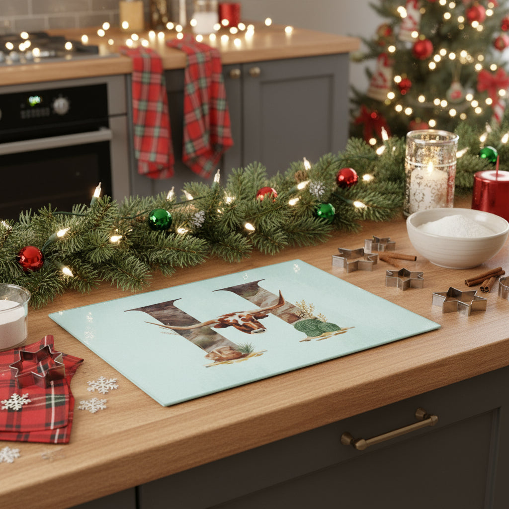 Letter 'H' with a longhorn cow design on a light blue background