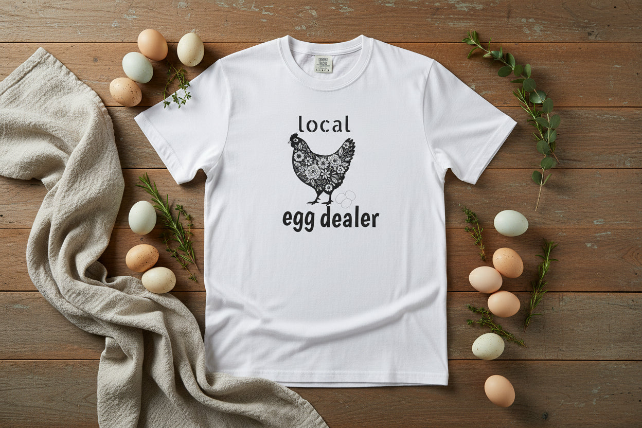 White t-shirt with black chicken graphic and 'local egg dealer' text on a white background