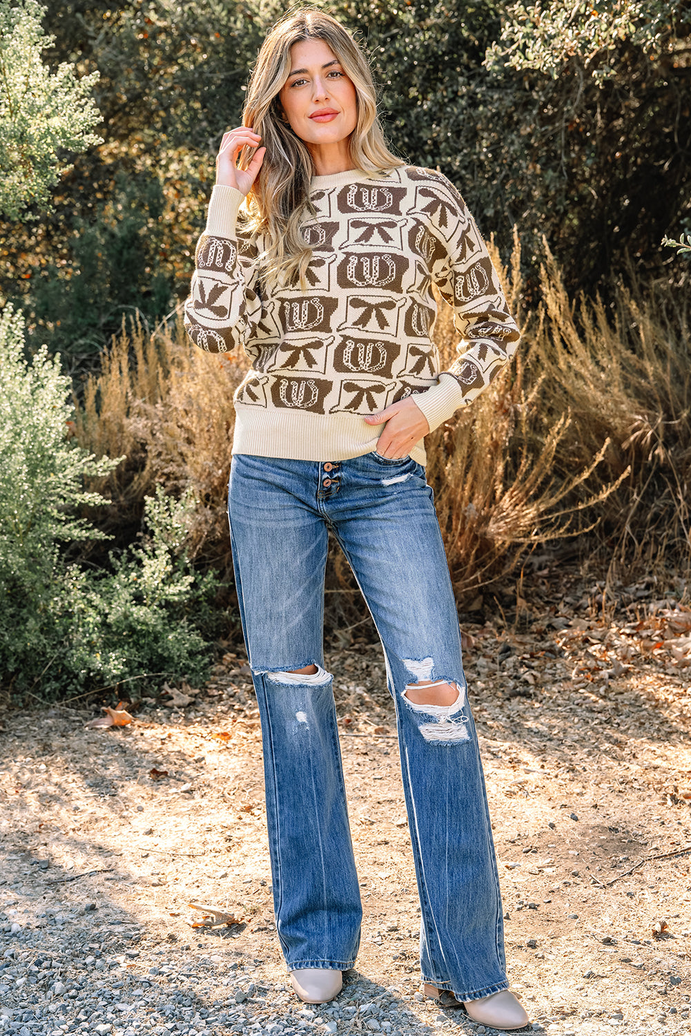 Brown Bows & Horseshoes Western Print Sweater | Cozy Cowgirl Knit Pullover