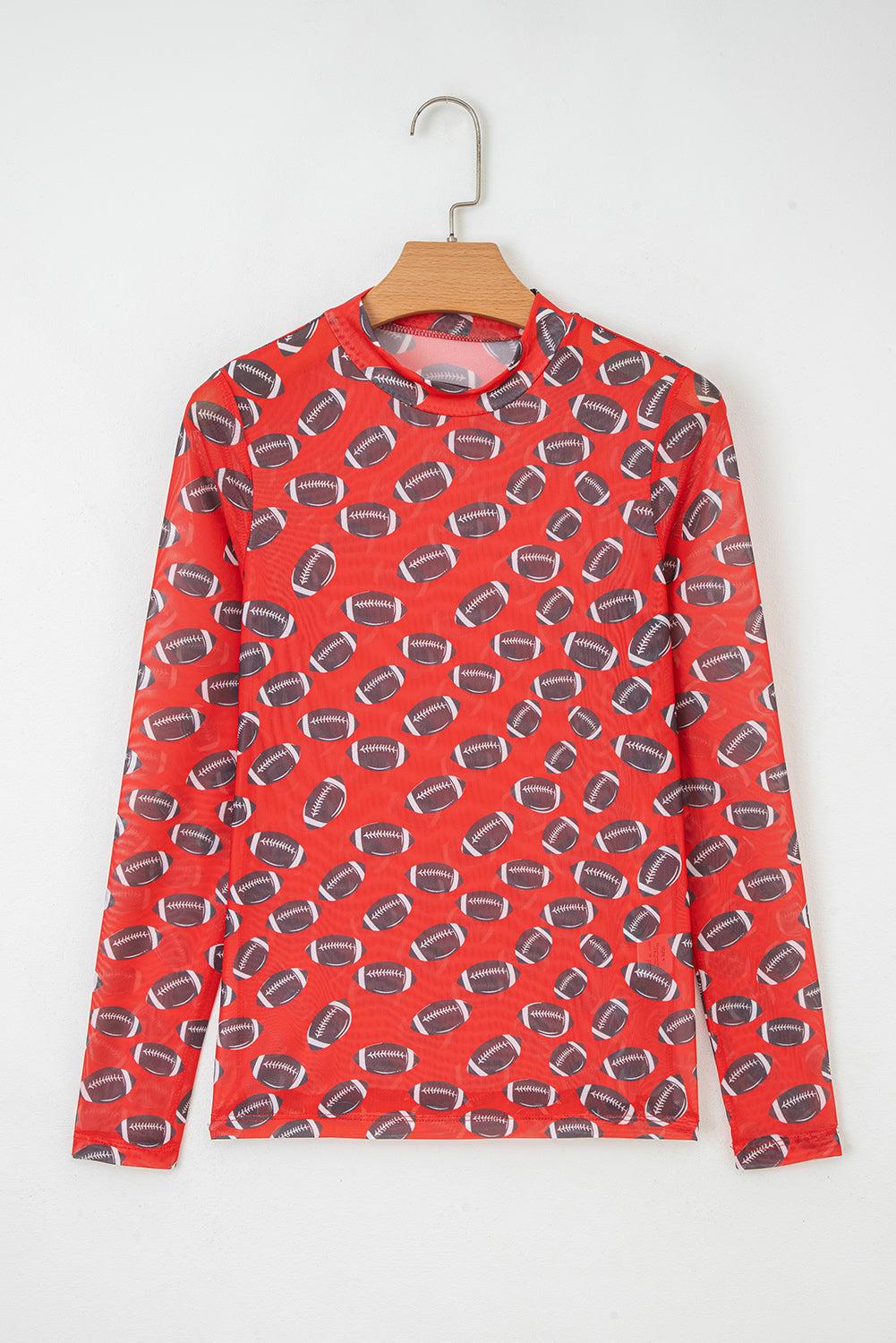 Red Football Mesh Top, Womens Game Day Sheer Long Sleeve Shirt, Sexy Mock Neck Football Print Top, Sporty Tailgate Outfit