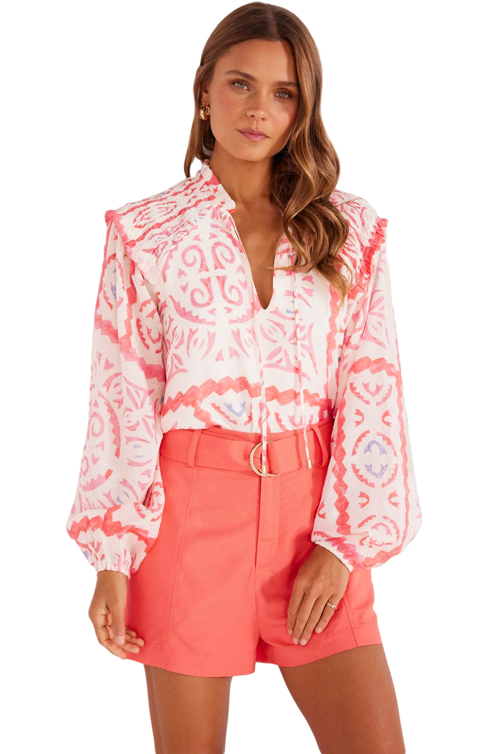 Desert Flower Vintage Print Vintage Western Blouse with Poet Collar & Blouson Sleeves | Loose Fit Printed Top