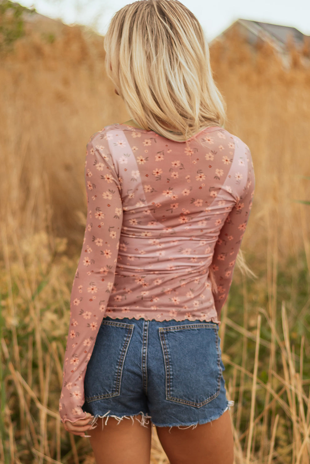 Pink Floral Mesh Top – Vintage Southern Style Long Sleeve Slim Fit Shirt with Lettuce Trim