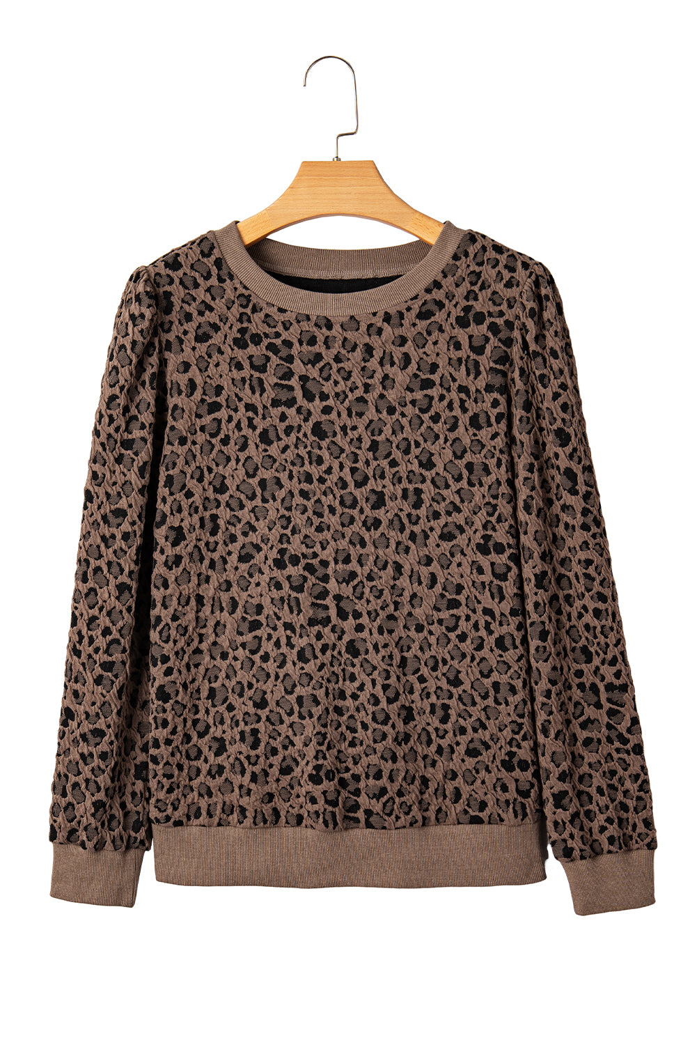Womens Leopard Print Top, Brown Ribbed Trim Animal  Print Long Sleeve Top