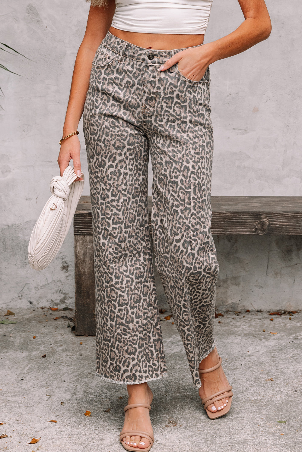 Womens Leopard Cheetah Print Jeans, Wide Leg Cropped Jeans, Brown Leopard Frayed Edge Wide Leg High Waist Jeans