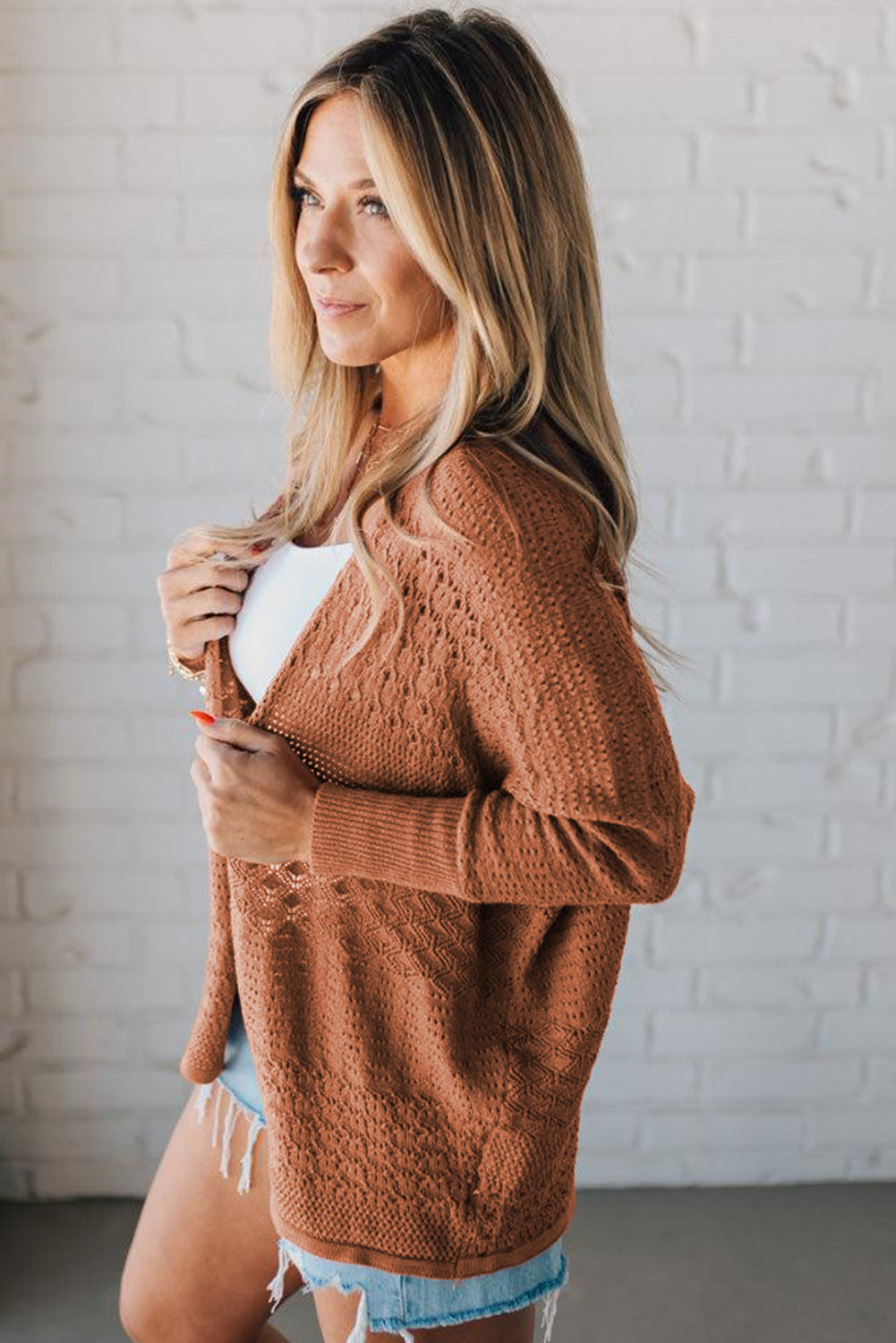 Womens Knit Cardigan – Redwood Burl Mix Pattern, Hollowed Open Front Fall Sweater