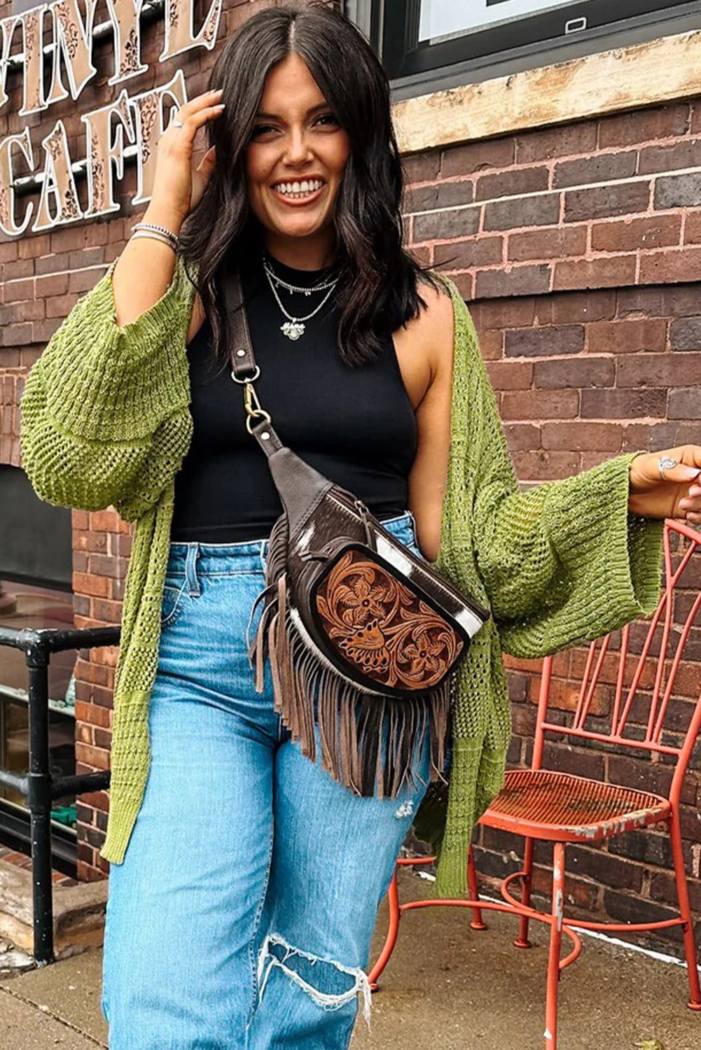 Women’s Fall Cardigan | Oversized Spinach Green Crochet Knit Open Front Sweater