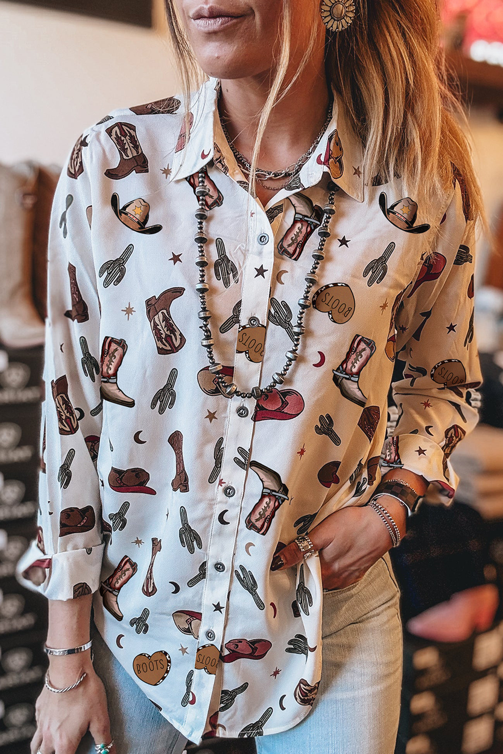 Women’s White Western Print Button Up Shirt – Cowgirl Boots Blouse, Casual Rodeo Top