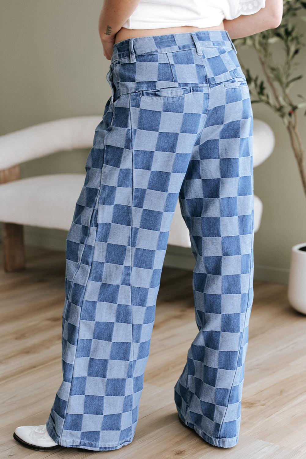 Blue Checkered Wide Leg Jeans – Retro Plaid Denim Pants, Women’s Casual High Waist Wide Leg Jeans with Pleats