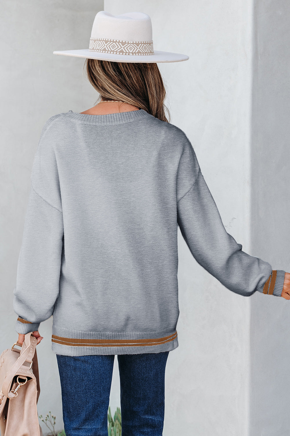Light Grey “See You Cowboy” Embroidered Western Sweater | Oversized Drop Shoulder Graphic Pullover