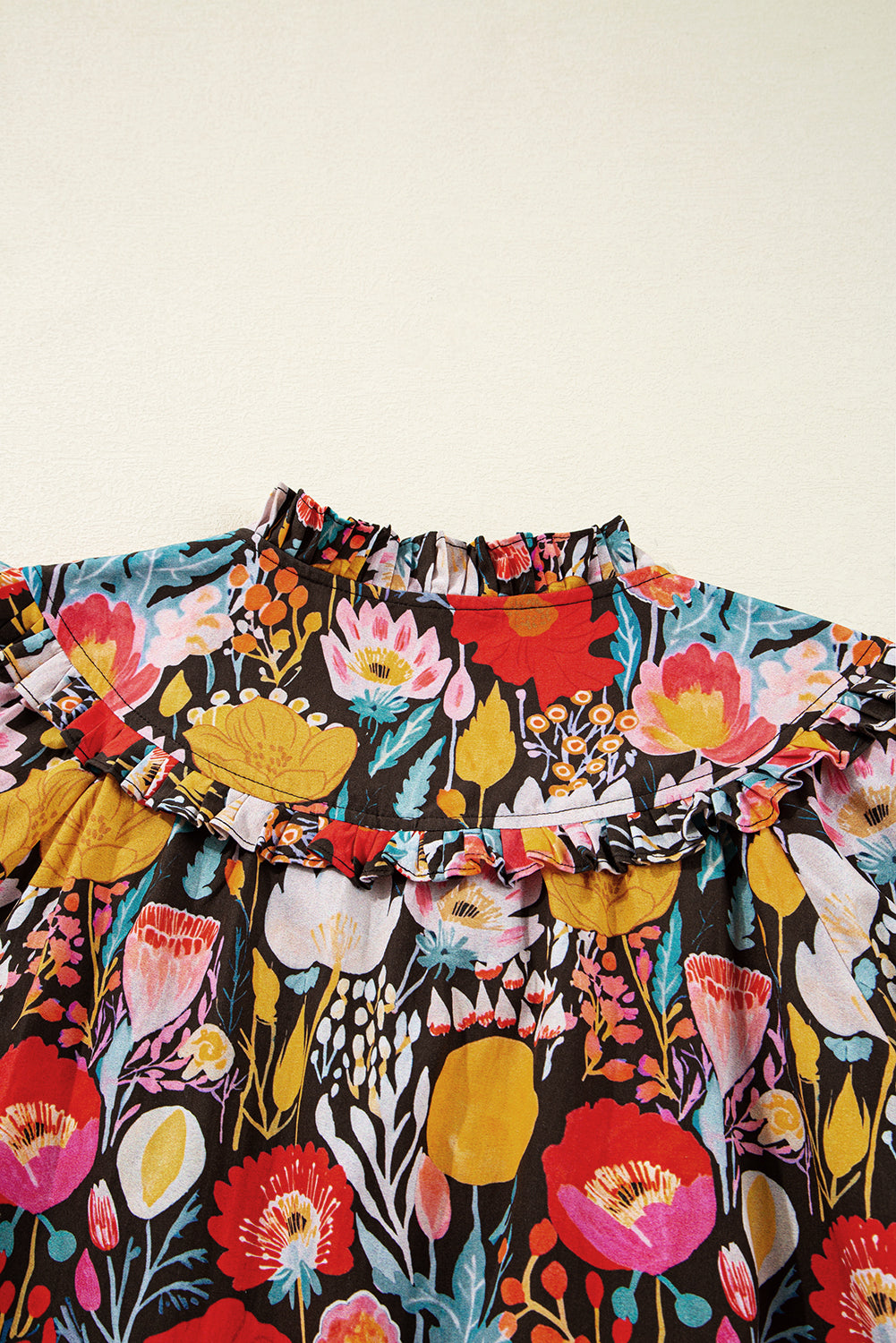 Fall Floral Blouse – Women’s Black Ruffle Neck Tie Top with 3/4 Puff Sleeves