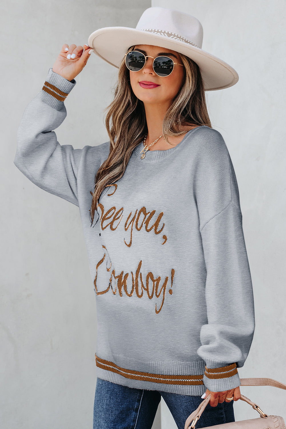 Light Grey “See You Cowboy” Embroidered Western Sweater | Oversized Drop Shoulder Graphic Pullover