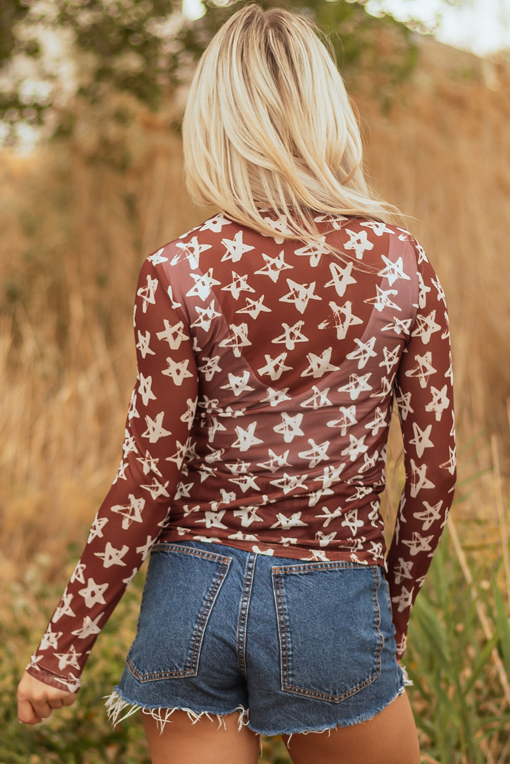 Red Mesh Star Print Mock Neck Top – Sheer Long Sleeve Slim Fit Party Shirt